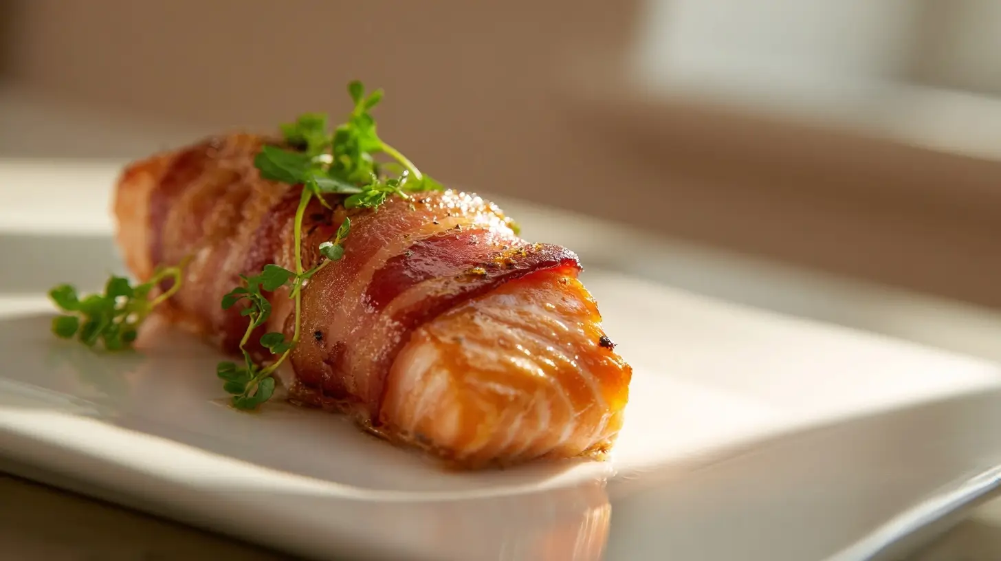 Saftiges Lachsfilet eingewickelt in knusprigem Speck, zubereitet im Airfryer.