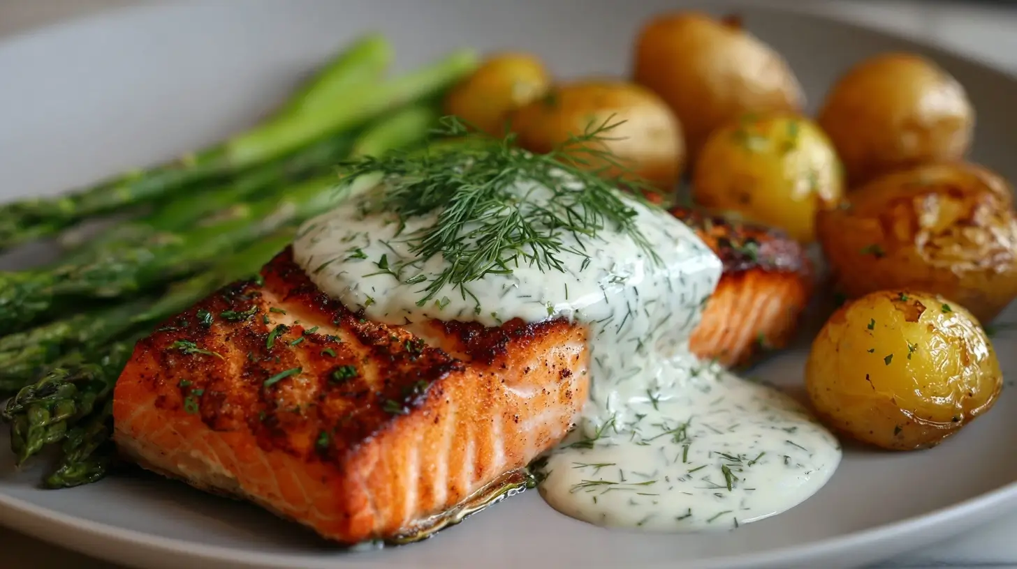 Saftiges Lachsfilet mit frischer Dillsoße, perfekt im Airfryer zubereitet.