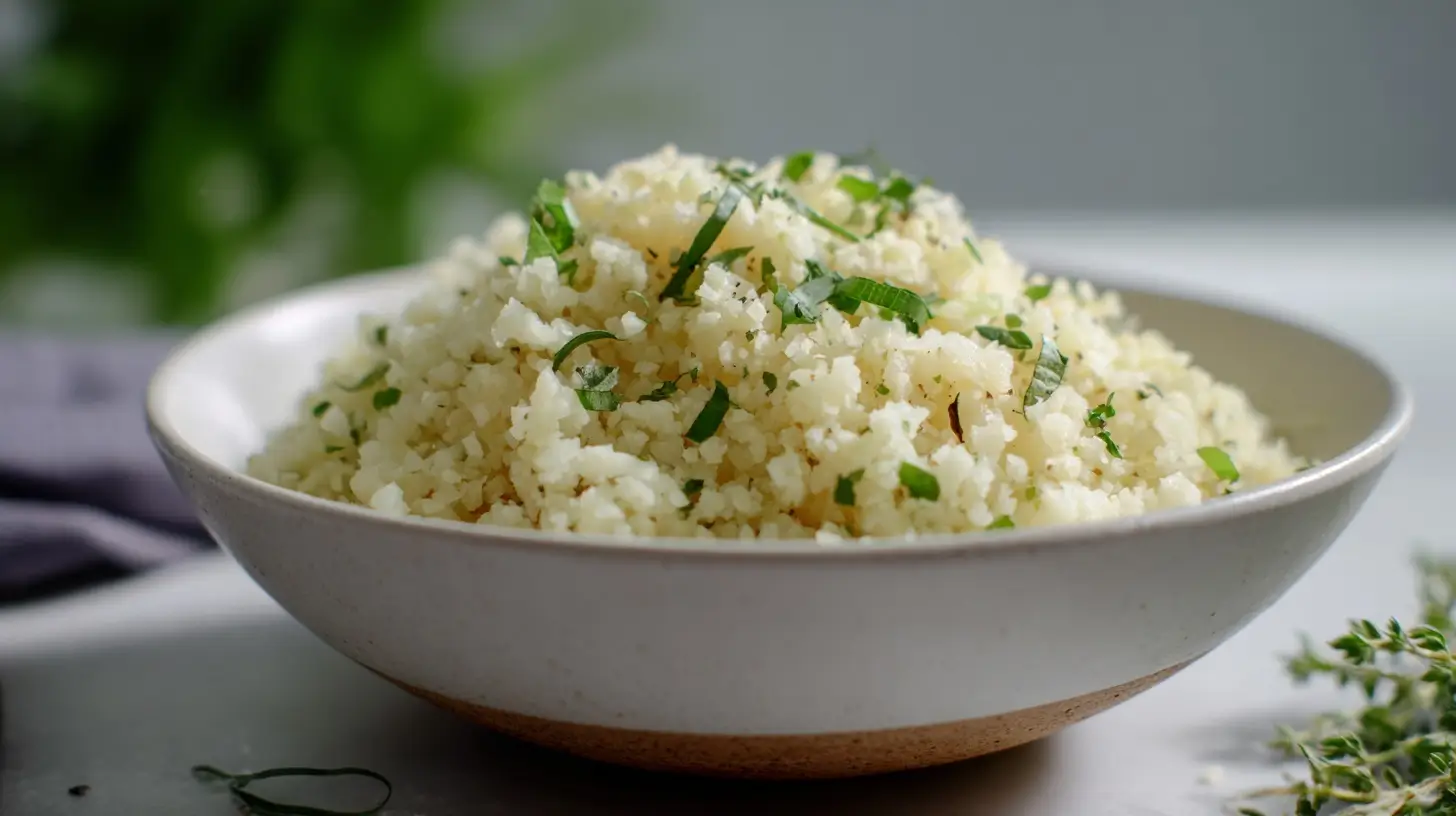 Schmackhafter Low-Carb Blumenkohl-Reis im Heißluftfritteuse zubereitet für gesunde Mahlzeiten.