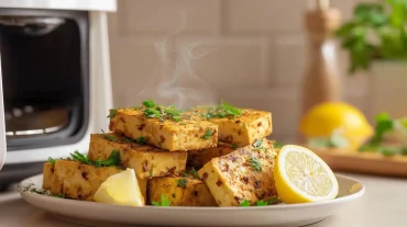 Leckeres mariniertes Tofu-Steak, perfekt zubereitet im Airfryer für einen gesunden Genuss.