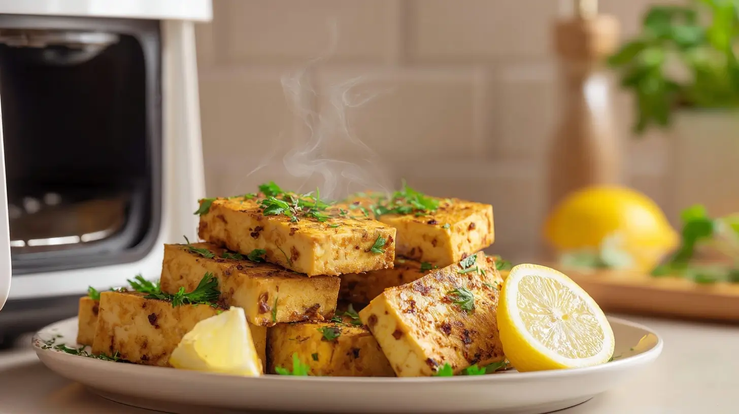 Leckeres mariniertes Tofu-Steak, perfekt zubereitet im Airfryer für einen gesunden Genuss.