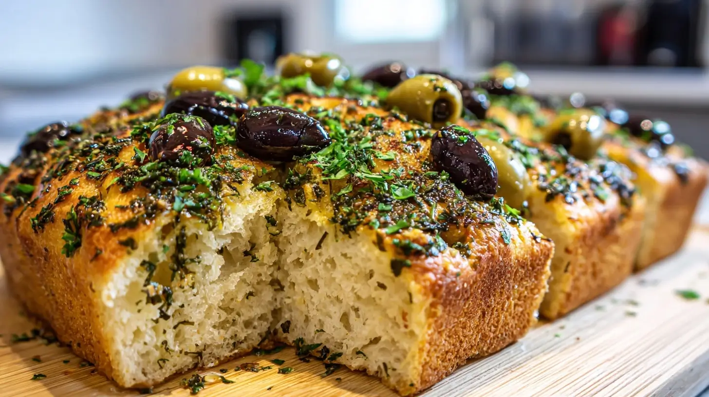 Leckere mediterrane Oliven-Focaccia, perfekt zubereitet im Airfryer für einen knusprigen Genuss.