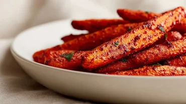 Knackige Karotten in einer scharfen Harissa-Marinade zubereitet im Airfryer.
