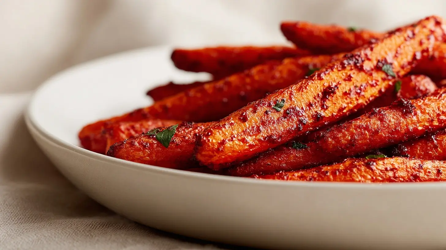 Knackige Karotten in einer scharfen Harissa-Marinade zubereitet im Airfryer.