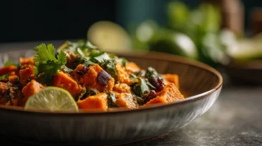 Leckeres Süßkartoffel-Curry mit köstlichen Gewürzen, zubereitet im Airfryer.