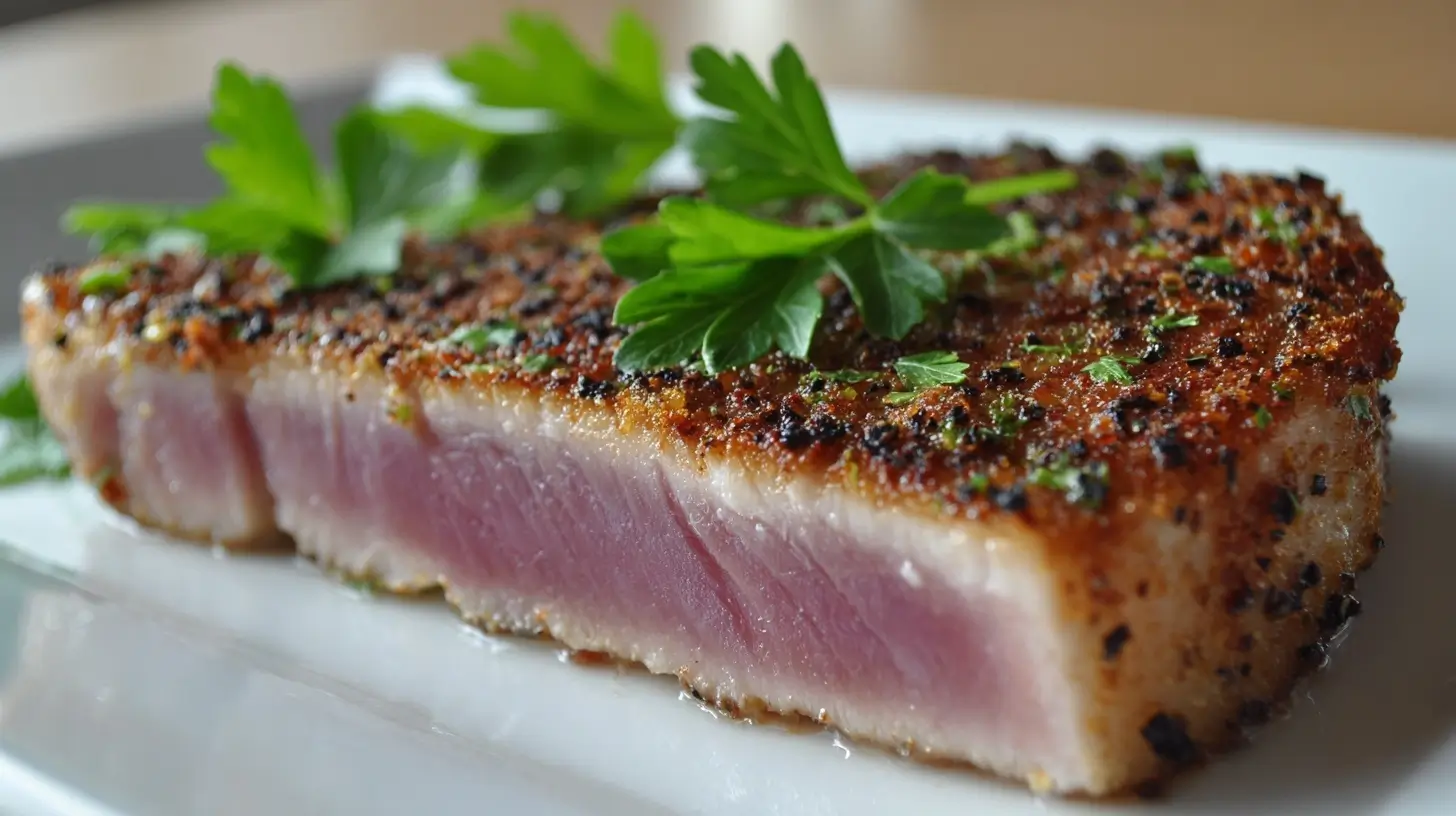 Saftiges Thunfisch-Steak, perfekt zubereitet im Airfryer für einen gesunden Genuss.