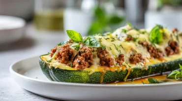 Überbackene Zucchini gefüllt mit würzigem Hackfleisch, perfekt zubereitet in der Heißluftfritteuse.