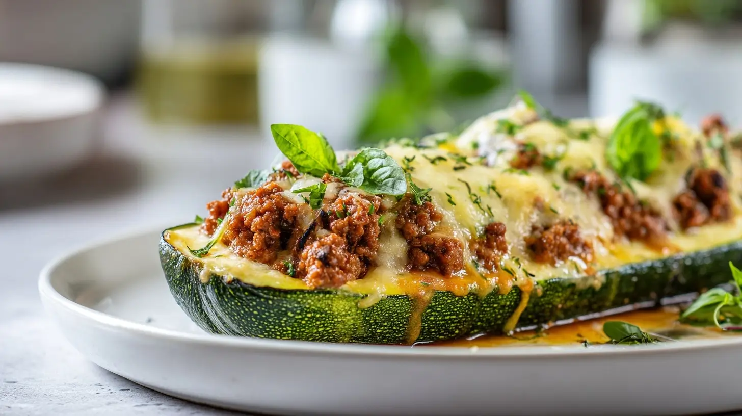 Überbackene Zucchini gefüllt mit würzigem Hackfleisch, perfekt zubereitet in der Heißluftfritteuse.