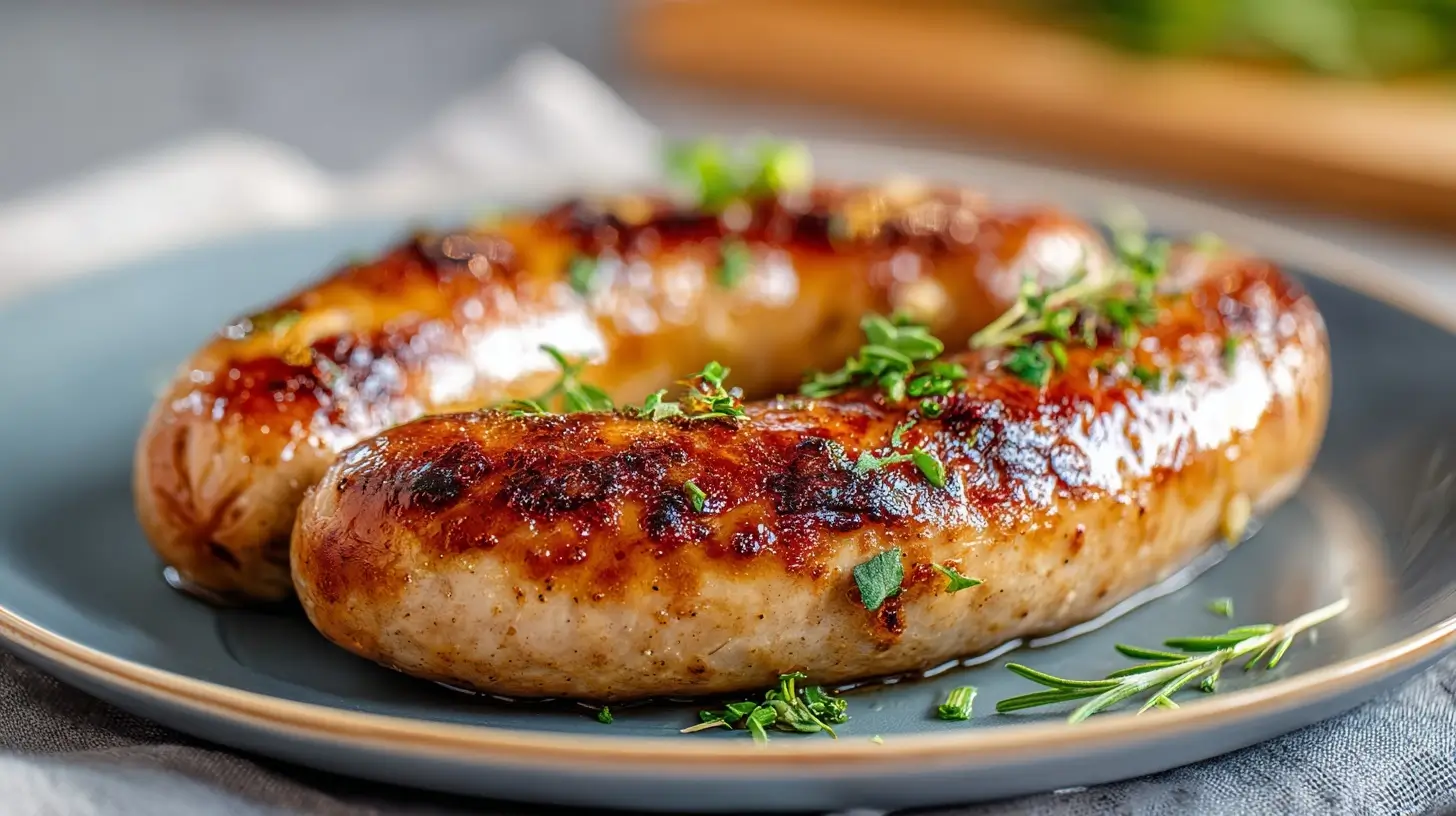 Leckere vegane Bratwurst, knusprig zubereitet in der Heißluftfritteuse für ein perfektes Grillvergnügen.