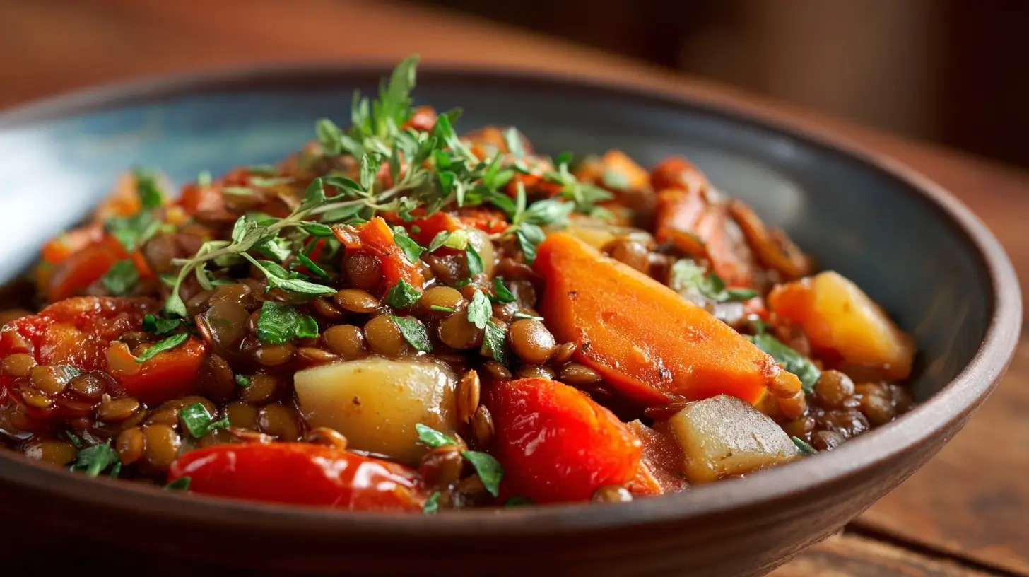 Wärmender Linseneintopf, zubereitet in der Heißluftfritteuse für eine gesunde Mahlzeit.