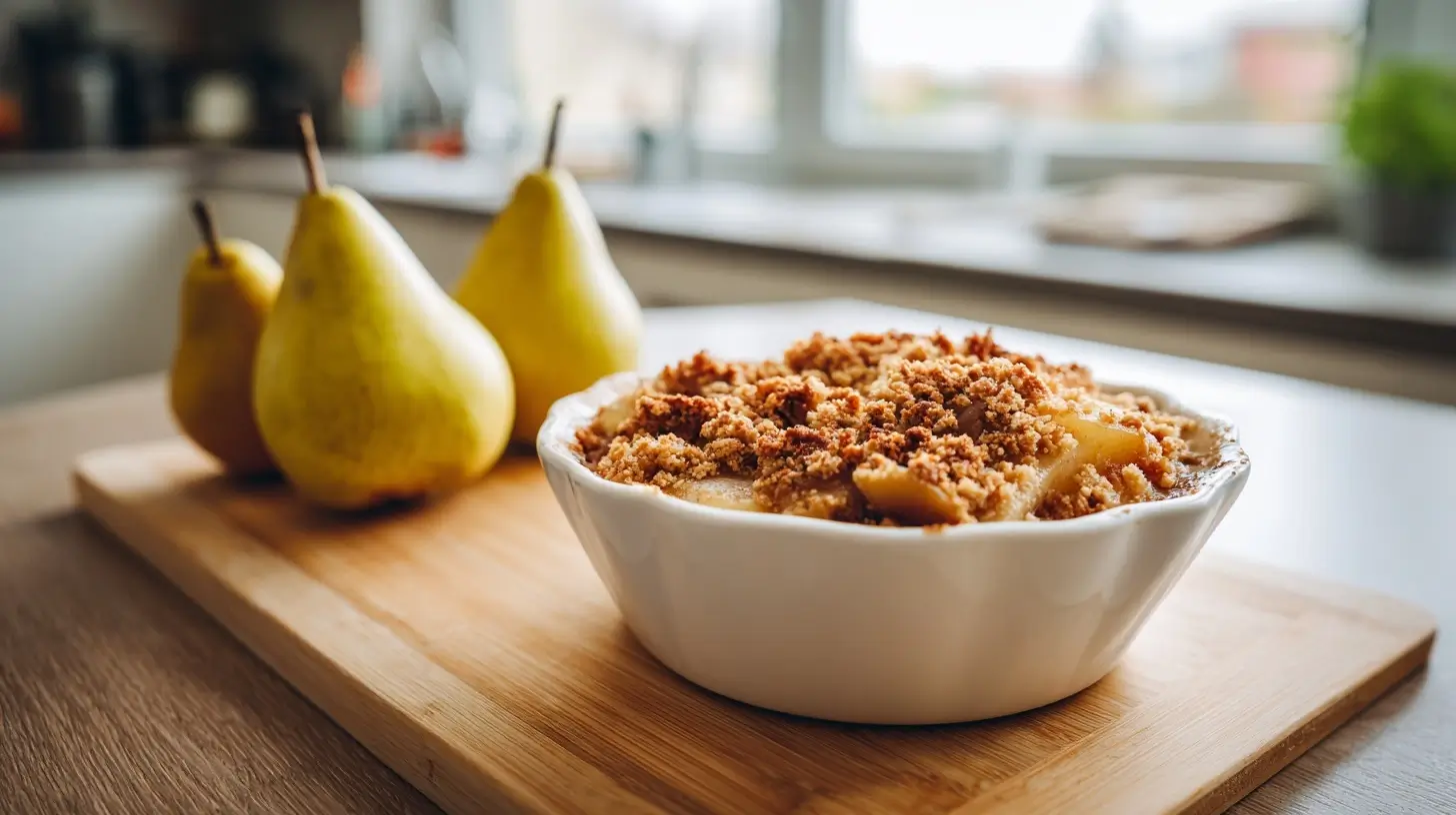 Leckeres winterliches Birnen-Crumble, perfekt zubereitet im Airfryer.