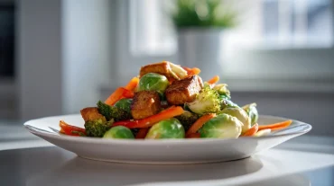 Winterliche Gemüsepfanne mit Tofu, perfekt zubereitet im Airfryer für ein gesundes und leckeres Gericht.
