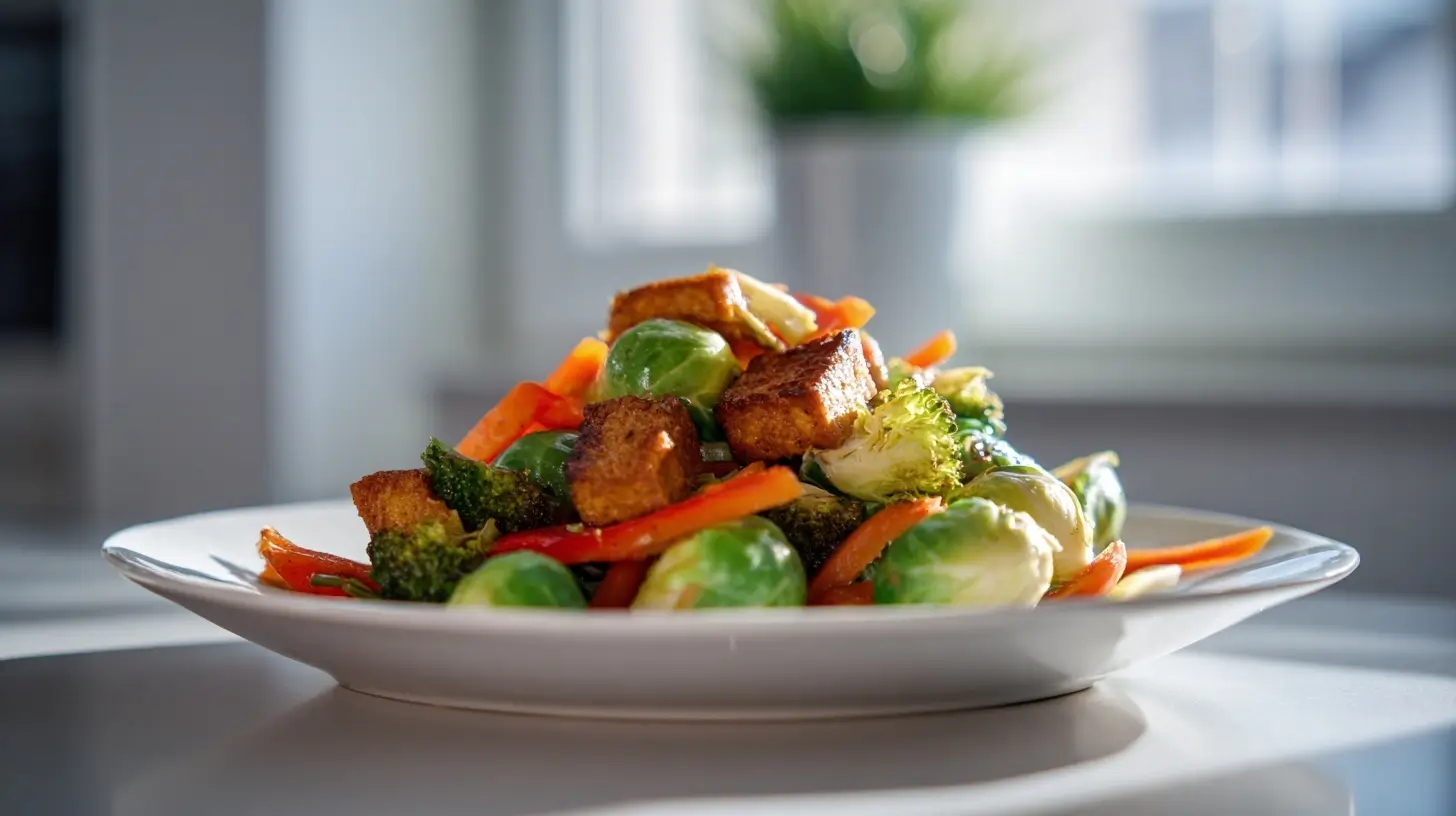 Winterliche Gemüsepfanne mit Tofu, perfekt zubereitet im Airfryer für ein gesundes und leckeres Gericht.