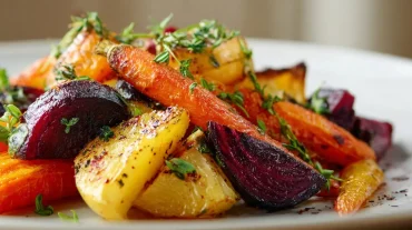 Leckere winterliche Wurzelgemüse-Pfanne, perfekt zubereitet im Airfryer für ein gesundes Abendessen.
