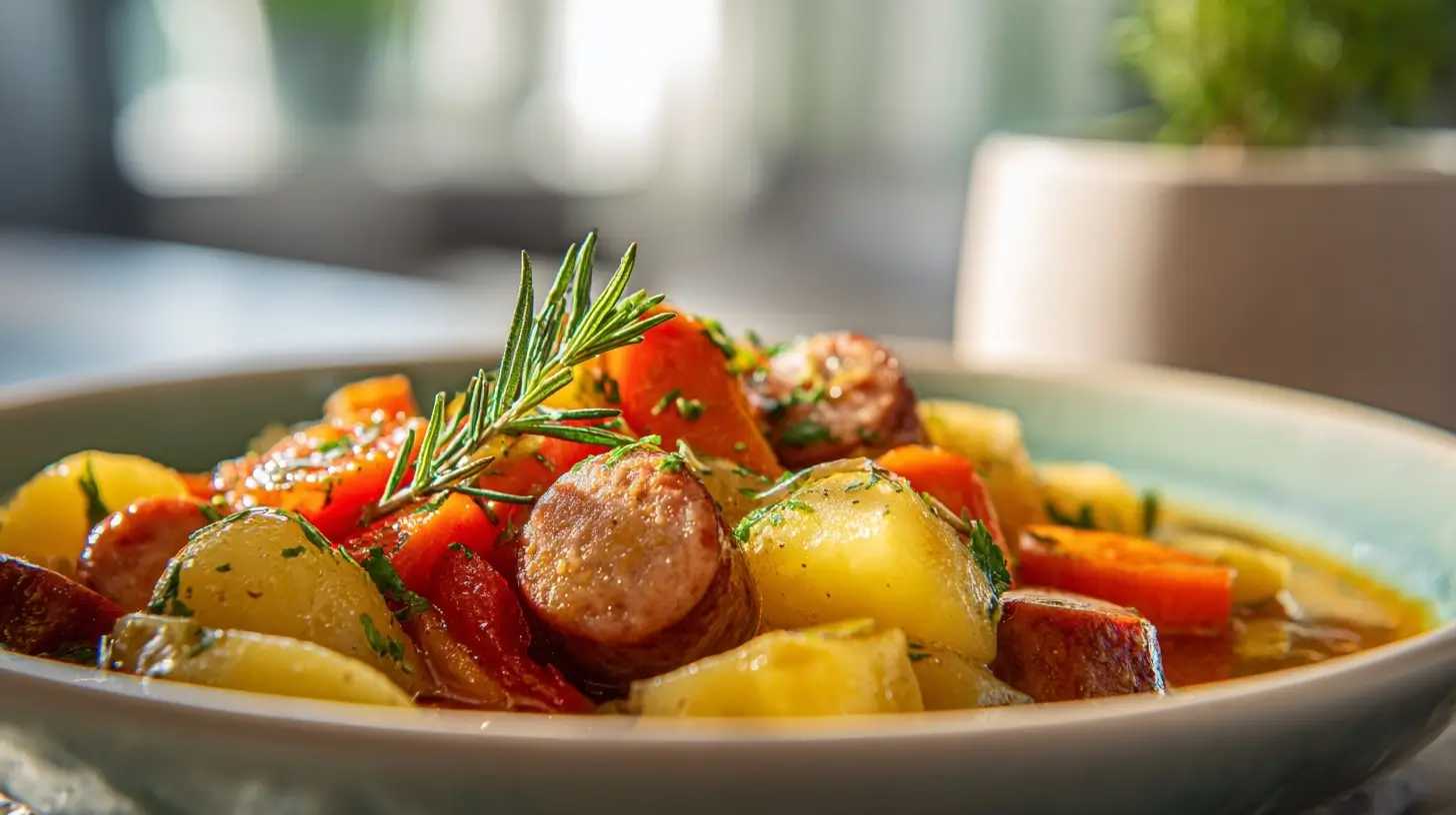 Köstlicher winterlicher Eintopf mit Würstchen, zubereitet im Airfryer für ein schnelles und schmackhaftes Abendessen.