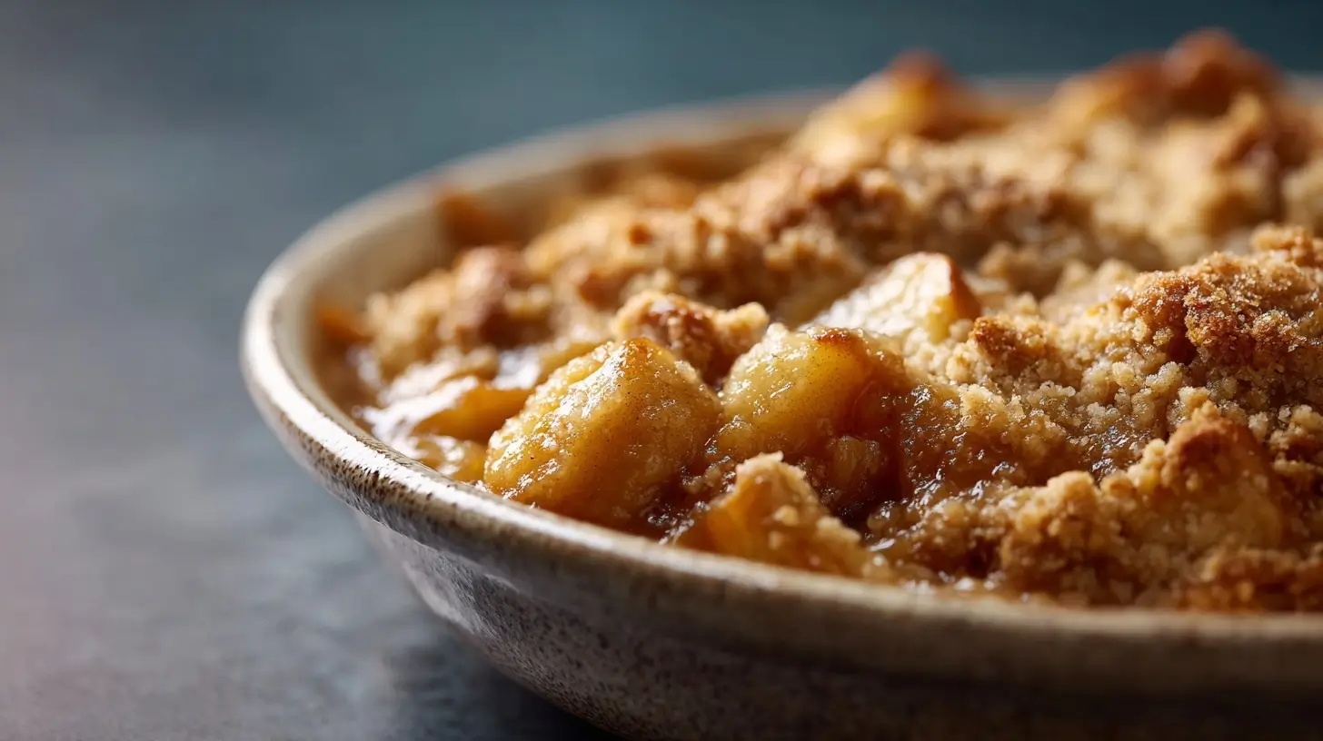 Leckeres Apfel-Crumble, perfekt zubereitet im Airfryer für einen goldbraunen Genuss.