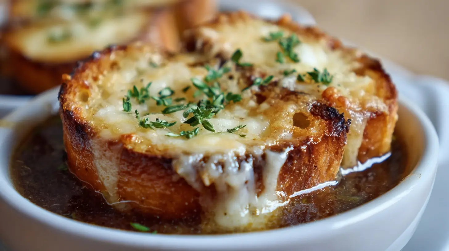 Leckere Französische Zwiebelsuppe, perfekt zubereitet im Airfryer für ein köstliches Geschmackserlebnis.