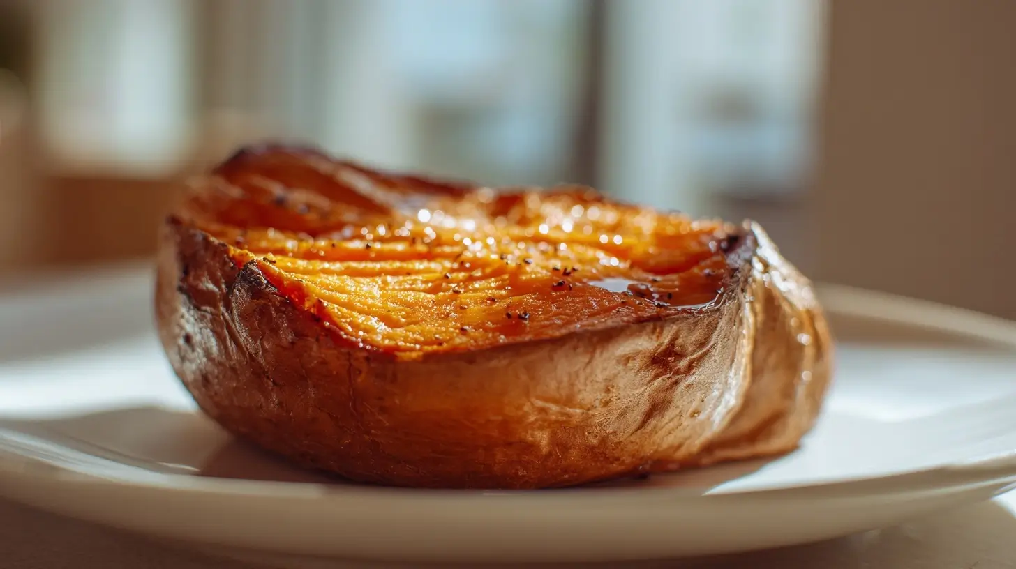 Ganze Süßkartoffel knusprig zubereitet im Airfryer für ein gesundes und schmackhaftes Gericht.