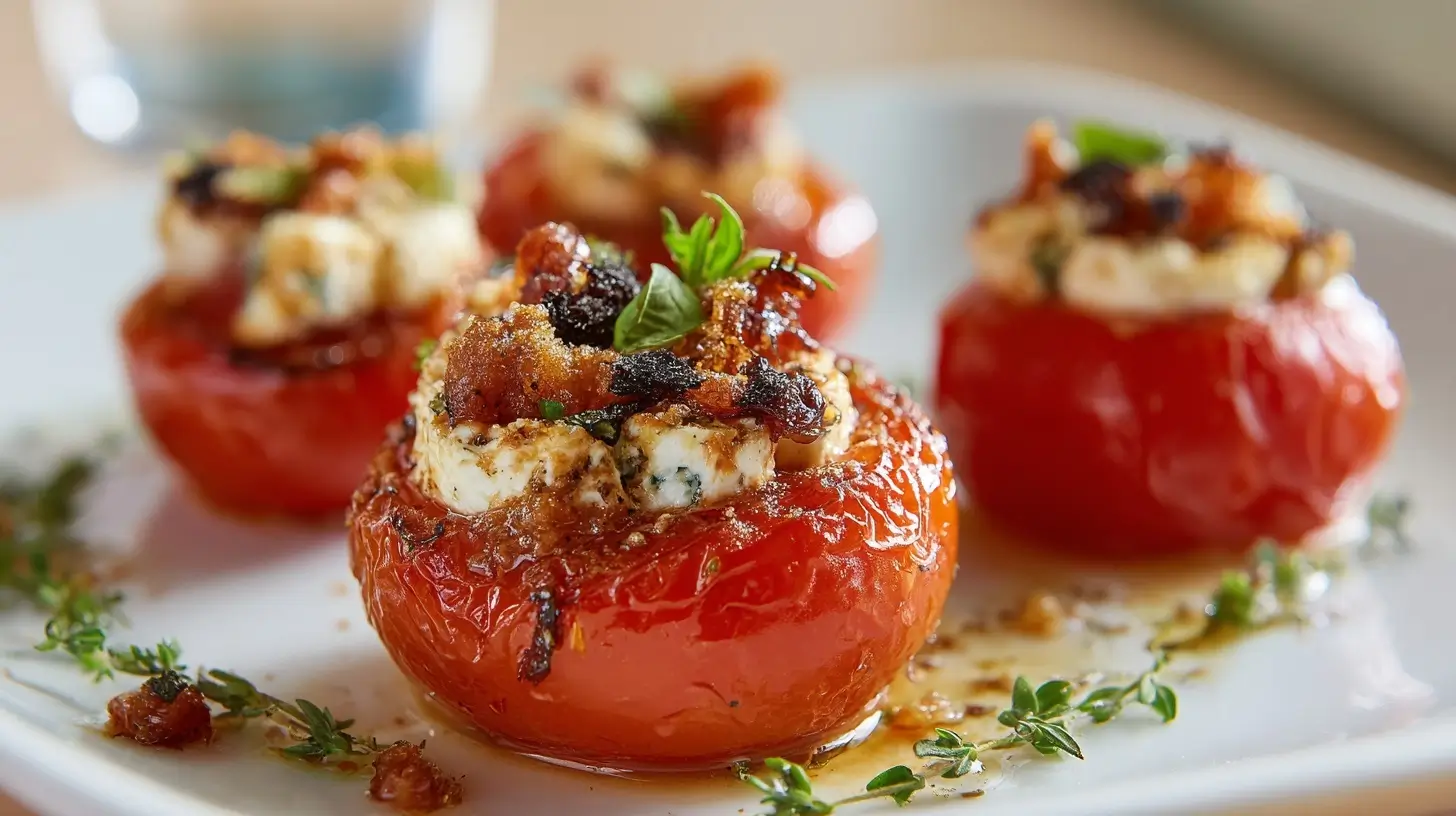 Gebackene Ziegenkäse-Tomaten, köstlich zubereitet in der Heißluftfritteuse für ein perfektes Geschmackserlebnis.