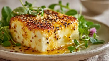 Gebackener Feta mit Honig und Sesam, knusprig zubereitet im Airfryer.