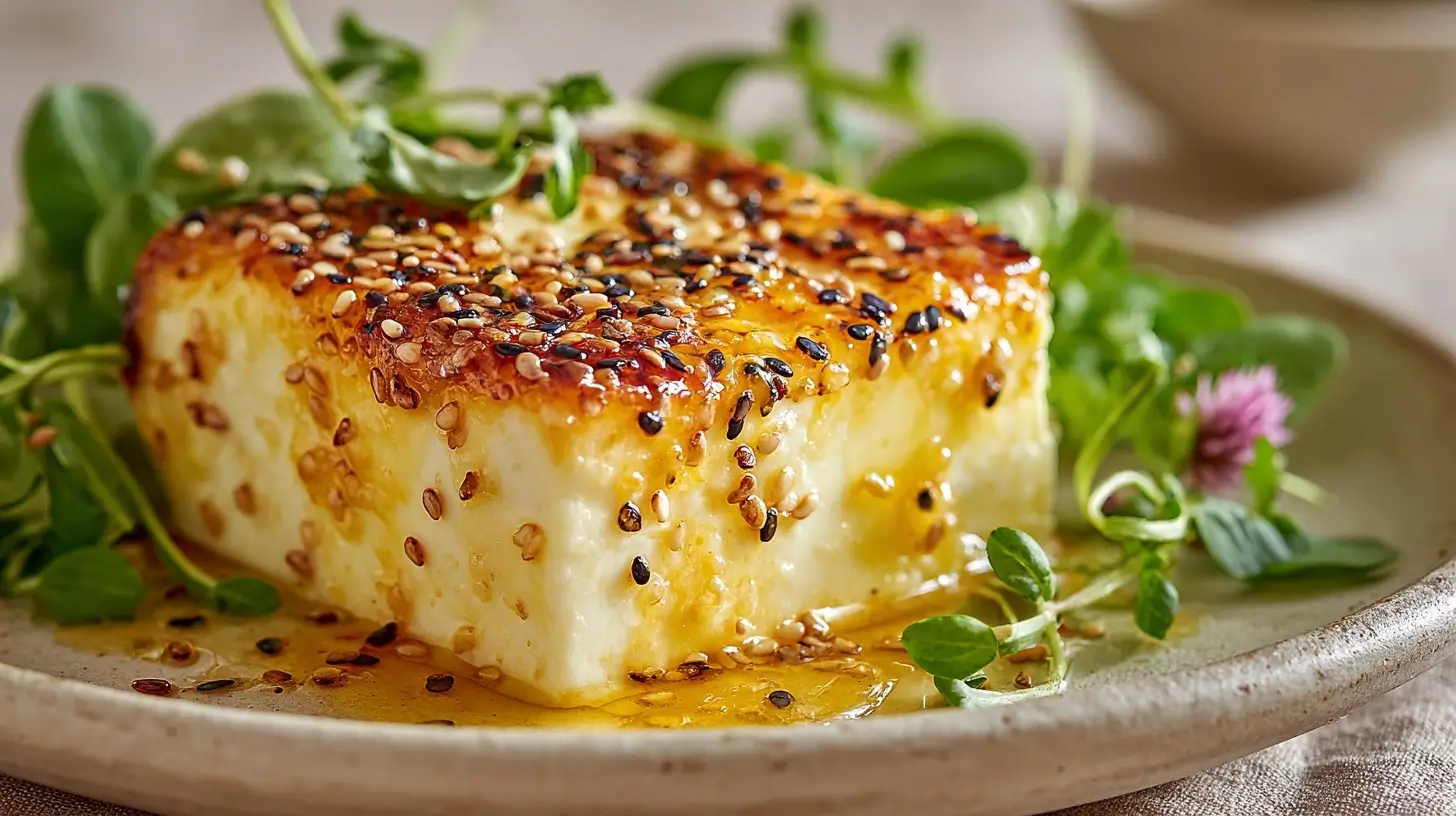 Gebackener Feta mit Honig und Sesam, knusprig zubereitet im Airfryer.