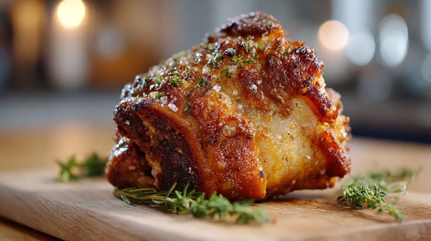 Knusprige Schweinshaxe wunderbar zubereitet in der Heißluftfritteuse für den perfekten Genuss.
