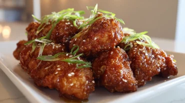 Knusprige koreanische Chicken-Stücke, perfekt zubereitet im Airfryer für ein gesundes Vergnügen.