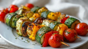 Leckere mediterrane Gemüse-Spieße, perfekt zubereitet im Airfryer für ein gesundes und schmackhaftes Gericht.