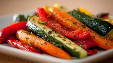 Buntes ofengemüse, perfekt zubereitet im Airfryer für ein köstliches und gesundes Gericht.