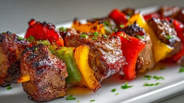 Leckeres Schaschlik aus dem Airfryer, perfekt gewürzt und saftig gegrillt.