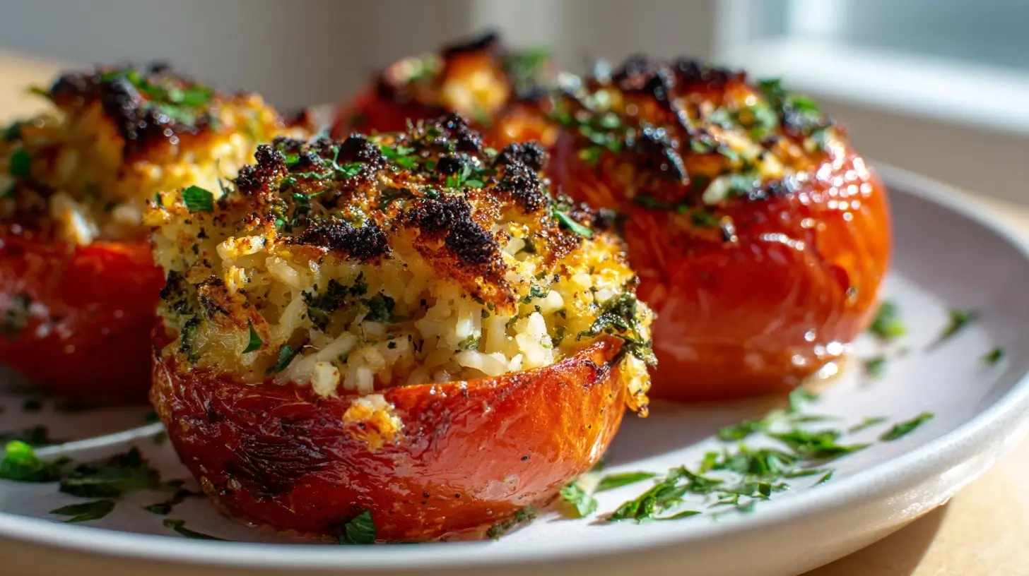 Leckere gefüllte Tomaten im Airfryer, perfekt für ein gesundes Abendessen.