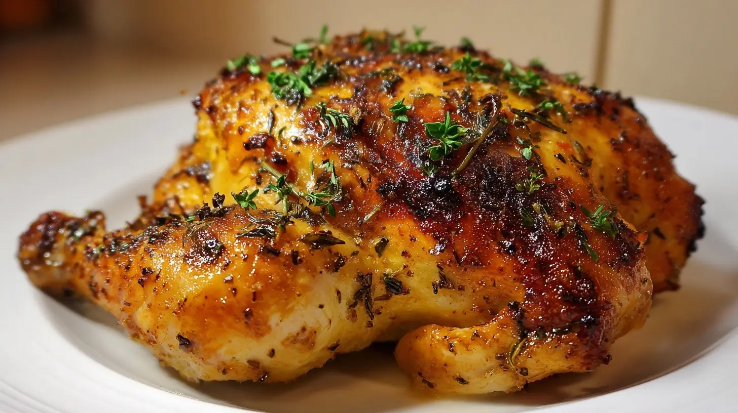 Leckeres halbes Hähnchen im Airfryer mit knuspriger Haut und saftigem Fleisch.