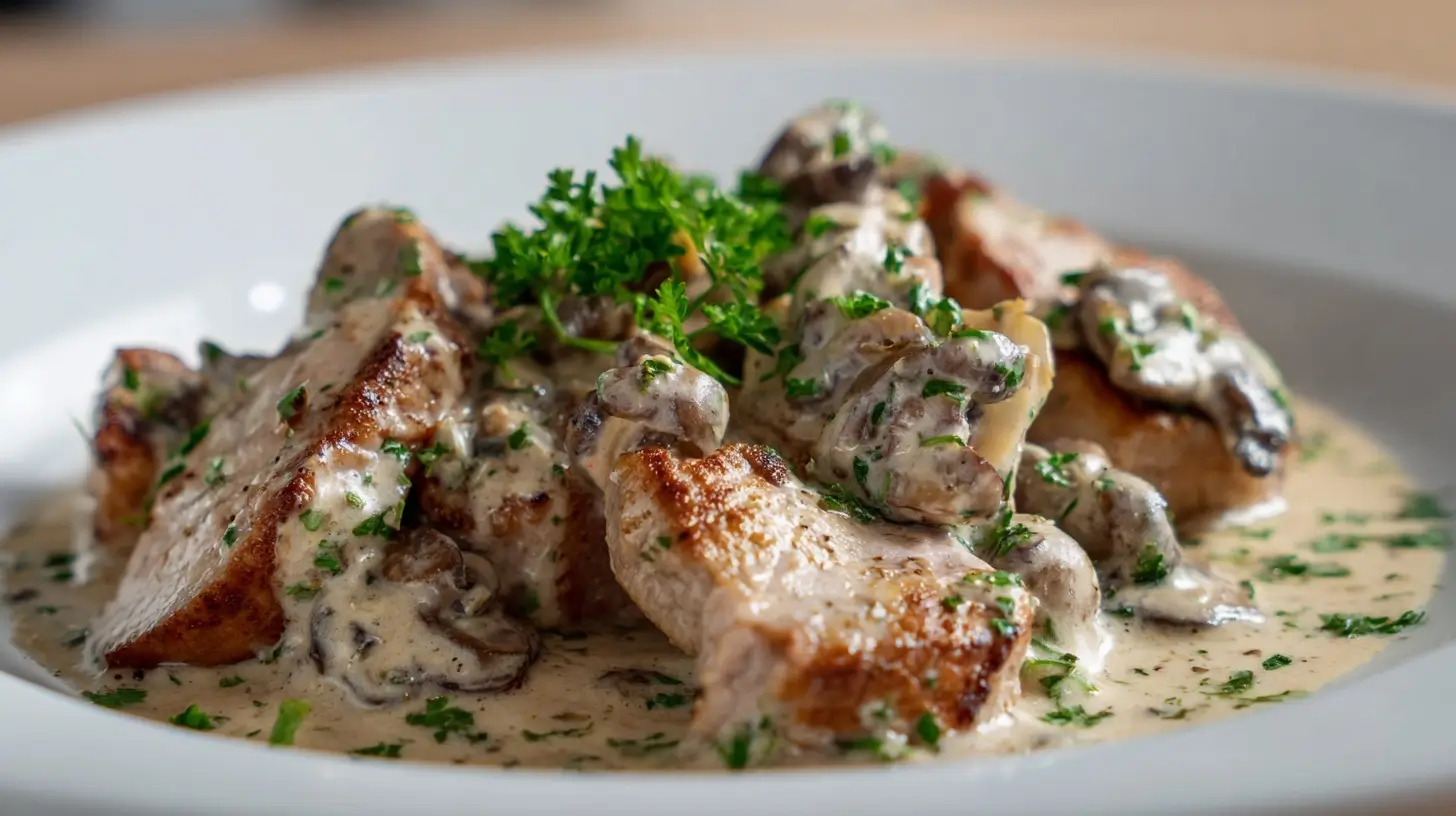 Leckeres schweinegeschnetzeltes im Airfryer, perfekt für ein schnelles Abendessen.