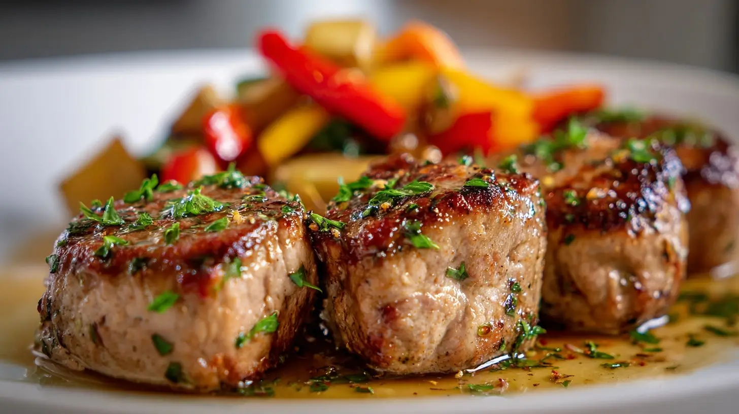Zarte Schweinemedaillons mit einer perfekten Kruste, zubereitet im Airfryer für ein gesundes Gericht.