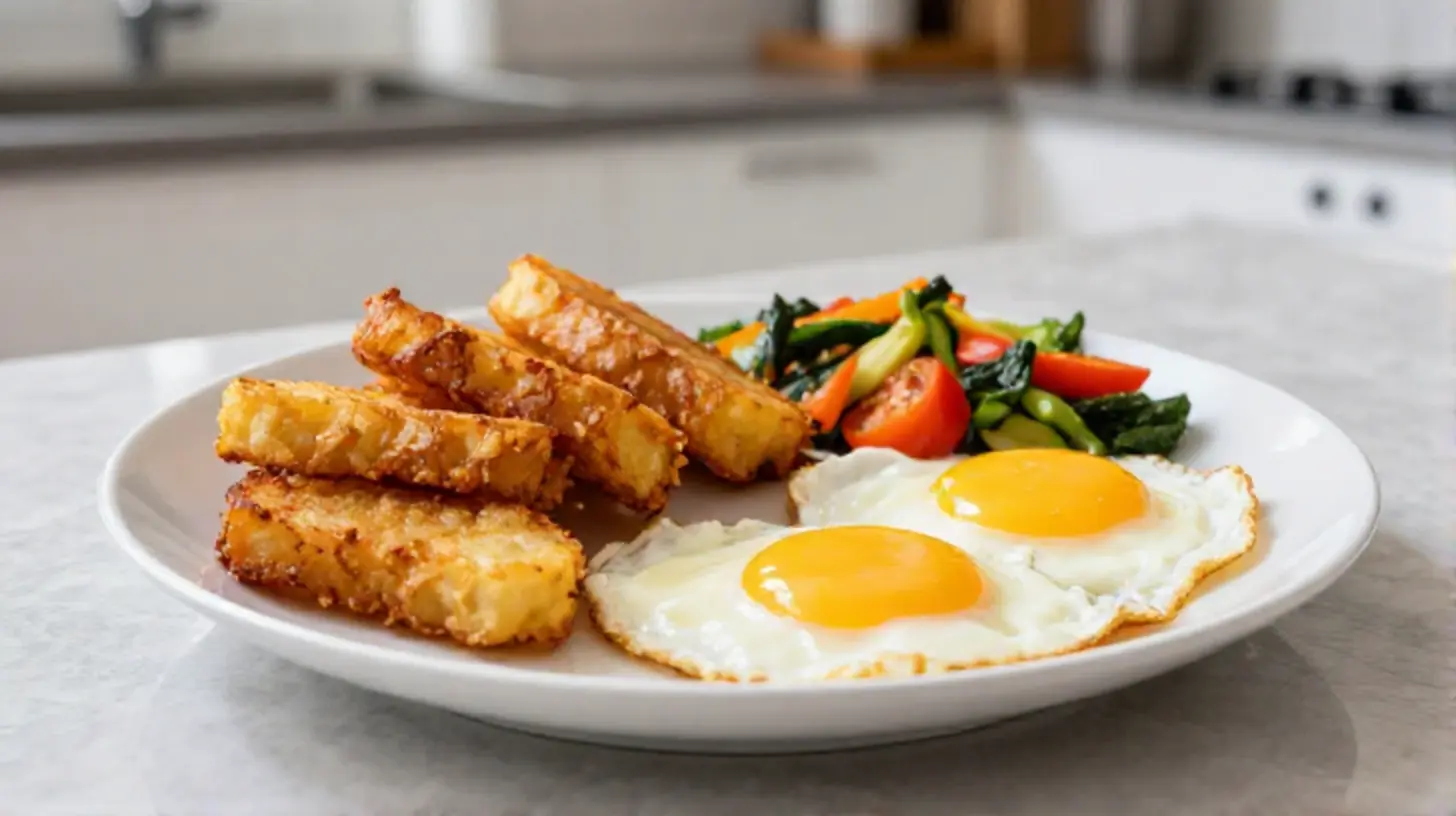 Leckeres Frühstück im Airfryer mit frisch zubereiteten Eiern und Gemüse.