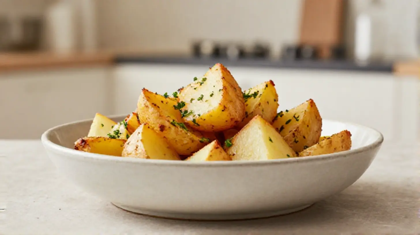 Gewürzte Kartoffelstücke, knusprig und zart, zubereitet im Airfryer.