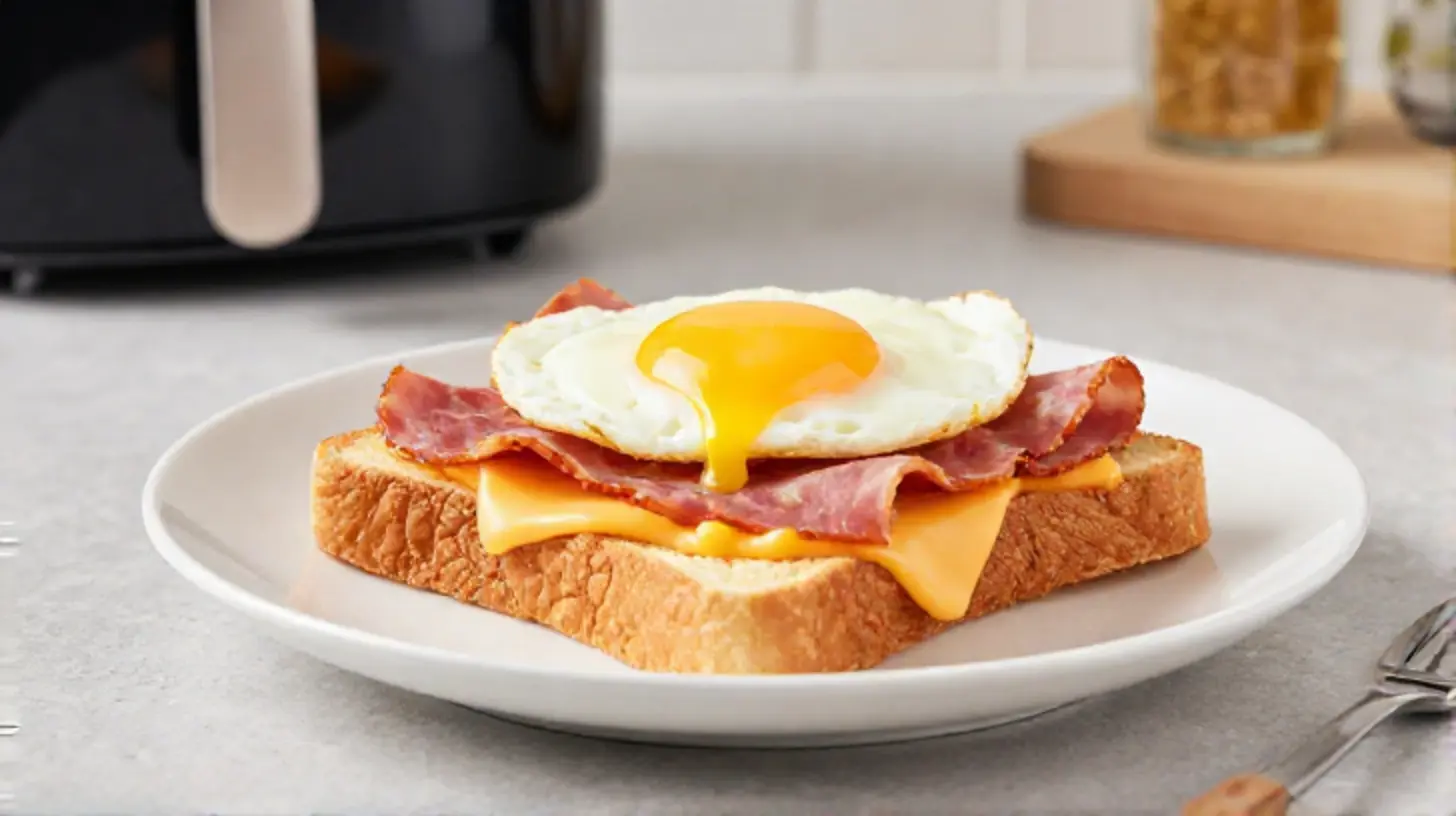 Leckeres Schinken Käse Toast mit Ei im Airfryer, perfekt für ein schnelles Frühstück.
