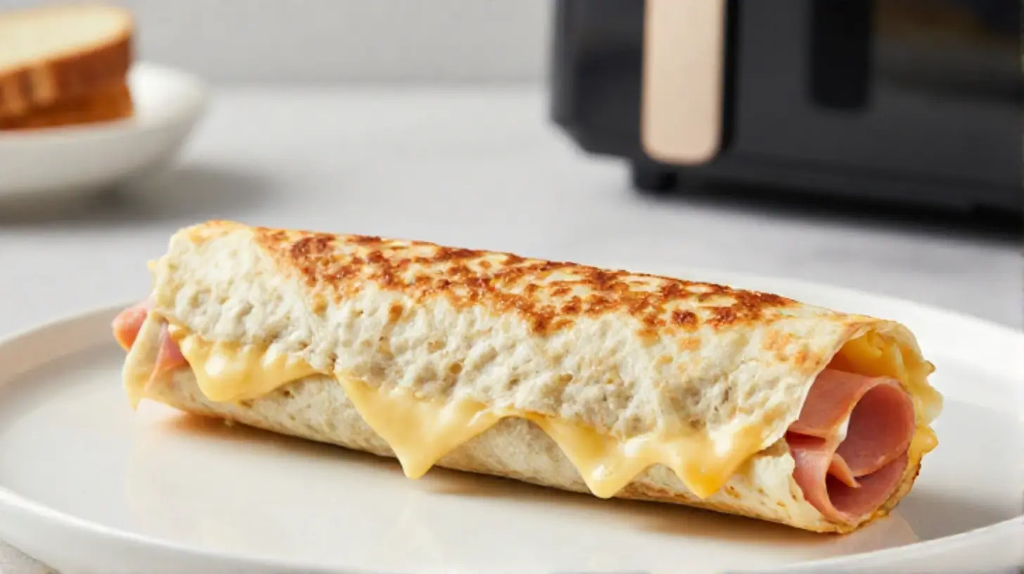 Leckerer Schinken Käse Wrap, perfekt zubereitet im Airfryer für eine knusprige Textur.