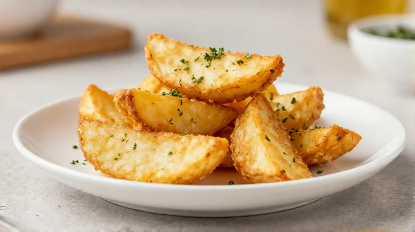 Knusprige Kartoffelwedges, perfekt zubereitet in der Heißluftfritteuse für ein köstliches Abendessen.