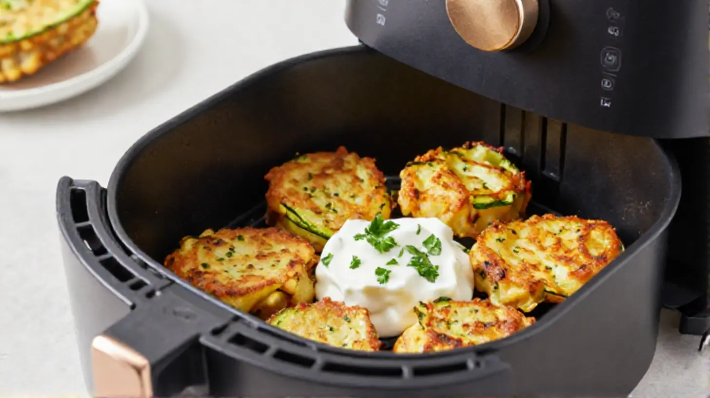 Leckere Kartoffel-Zucchini-Puffer, knusprig zubereitet im Airfryer für ein gesundes Gericht.