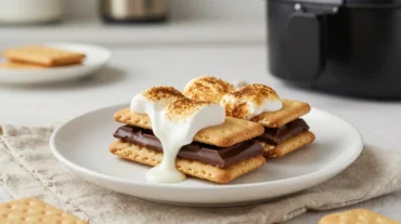 Leckere amerikanische S'mores, zubereitet im Airfryer mit geschmolzenem Schokolade und knusprigen Keksen.
