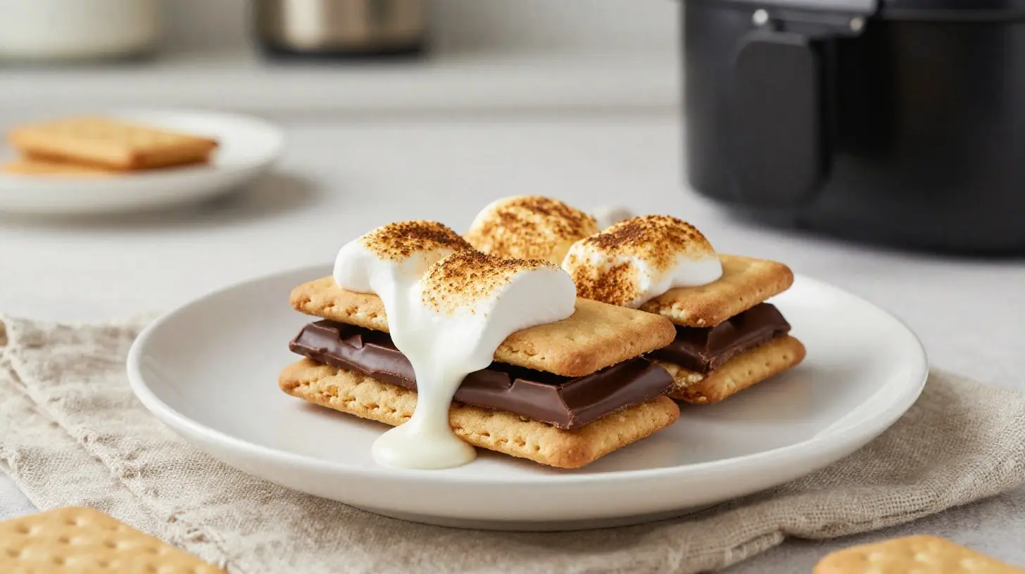 Leckere amerikanische S'mores, zubereitet im Airfryer mit geschmolzenem Schokolade und knusprigen Keksen.