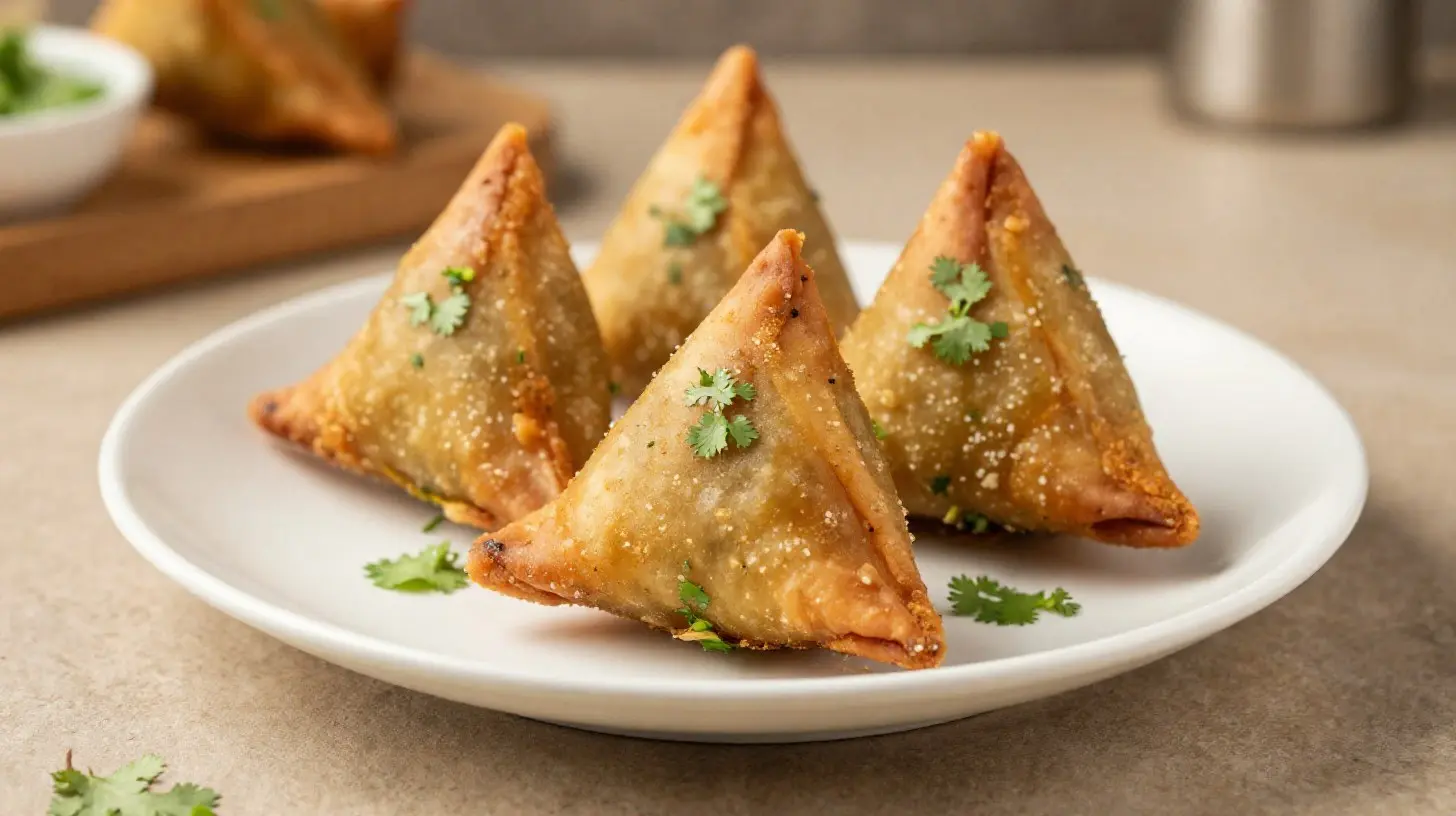 Leckere Indische Samosa aus der Heißluftfritteuse mit knuspriger Teighülle und würziger Füllung.