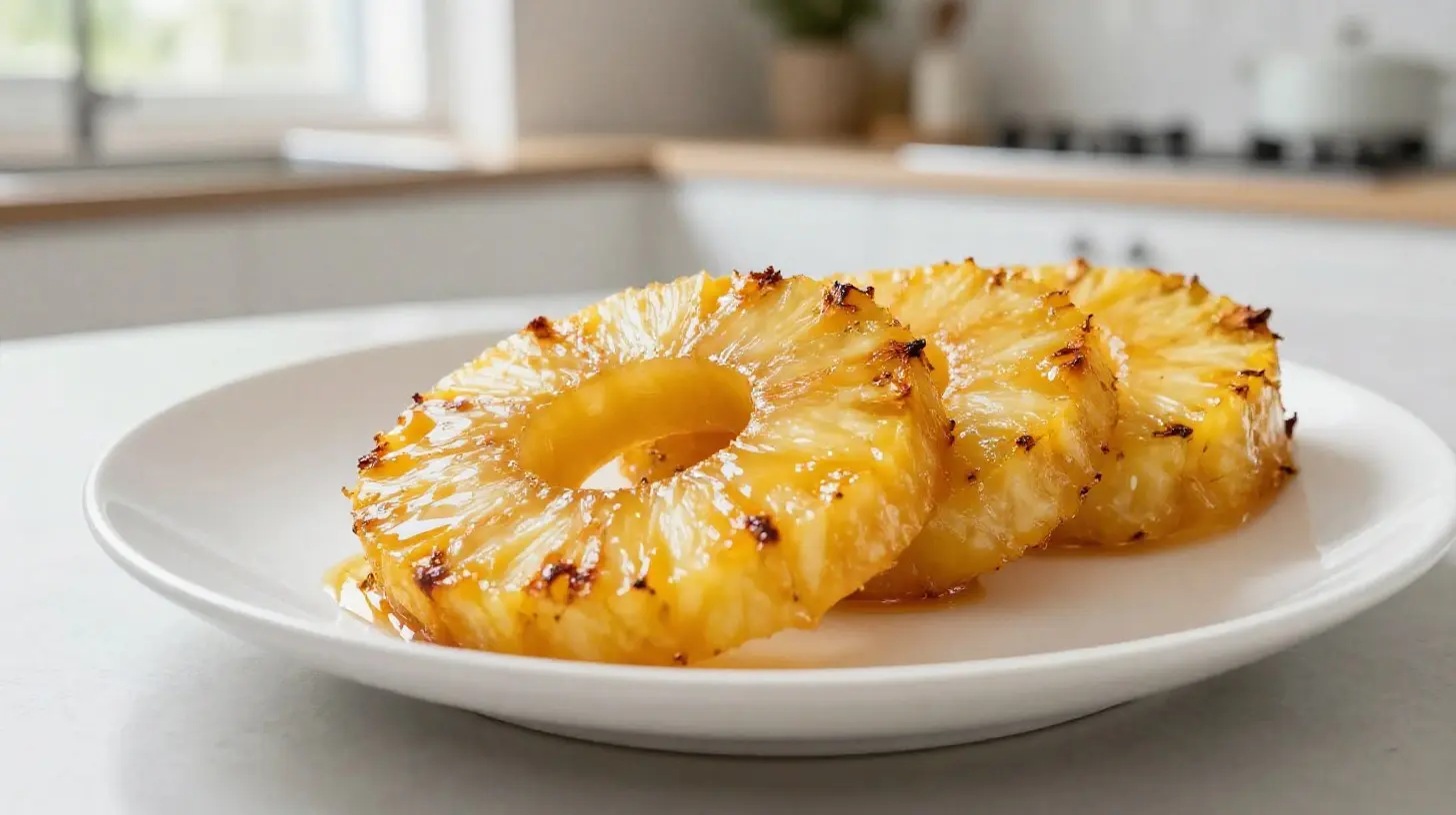 Karamellisierte Ananasringe im Airfryer, ideal als süßer Snack oder Dessert.