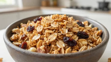 Delikates knuspriges Granola aus der Heißluftfritteuse, perfekt für ein gesundes Frühstück.