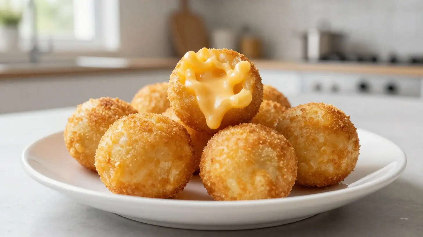 Gebackene Mac and Cheese Balls aus der Heißluftfritteuse, goldbraun und lecker.