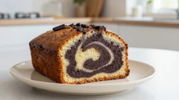Leckerer Marmorkuchen, der im Airfryer zubereitet wurde, mit fluffigem Teig und schokoladigem Swirl.