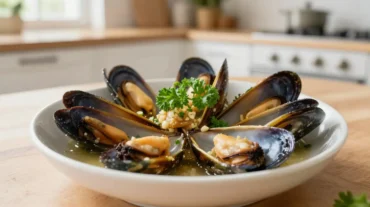 Zarte Miesmuscheln in einer köstlichen Knoblauchsauce, zubereitet in der Heißluftfritteuse.