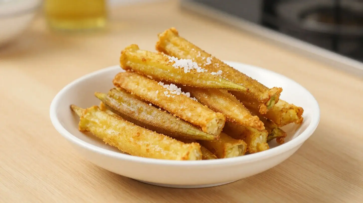 Krosse Okra-Fritten aus der Heißluftfritteuse mit würzigem Dip.