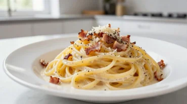 Leckere Pasta Carbonara aus dem Airfryer, perfekt cremig und schnell zubereitet.